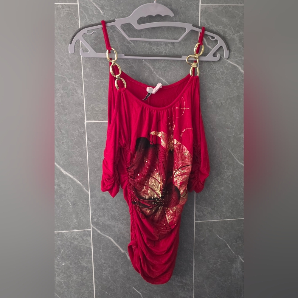 Pop Up Red Gold Link Off Shoulder Top Shirt Tunic Size Small Chico